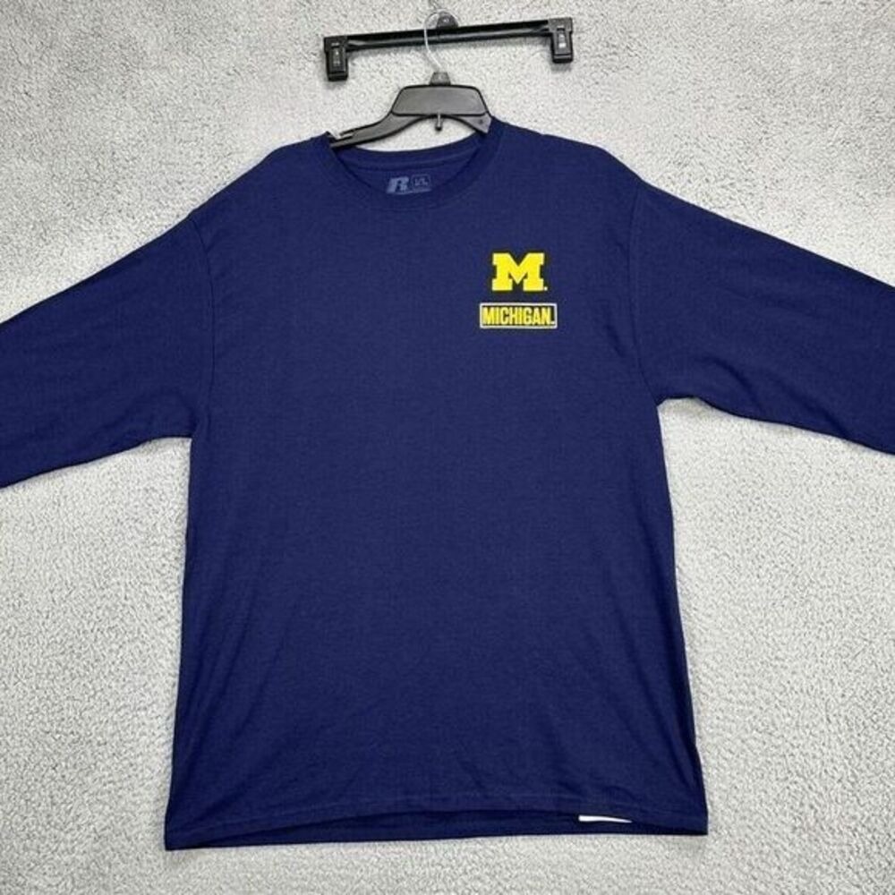 Michigan Wolverines T-Shirt Adult Large Blue Cotton Long Sleeve Tee Mens Russell